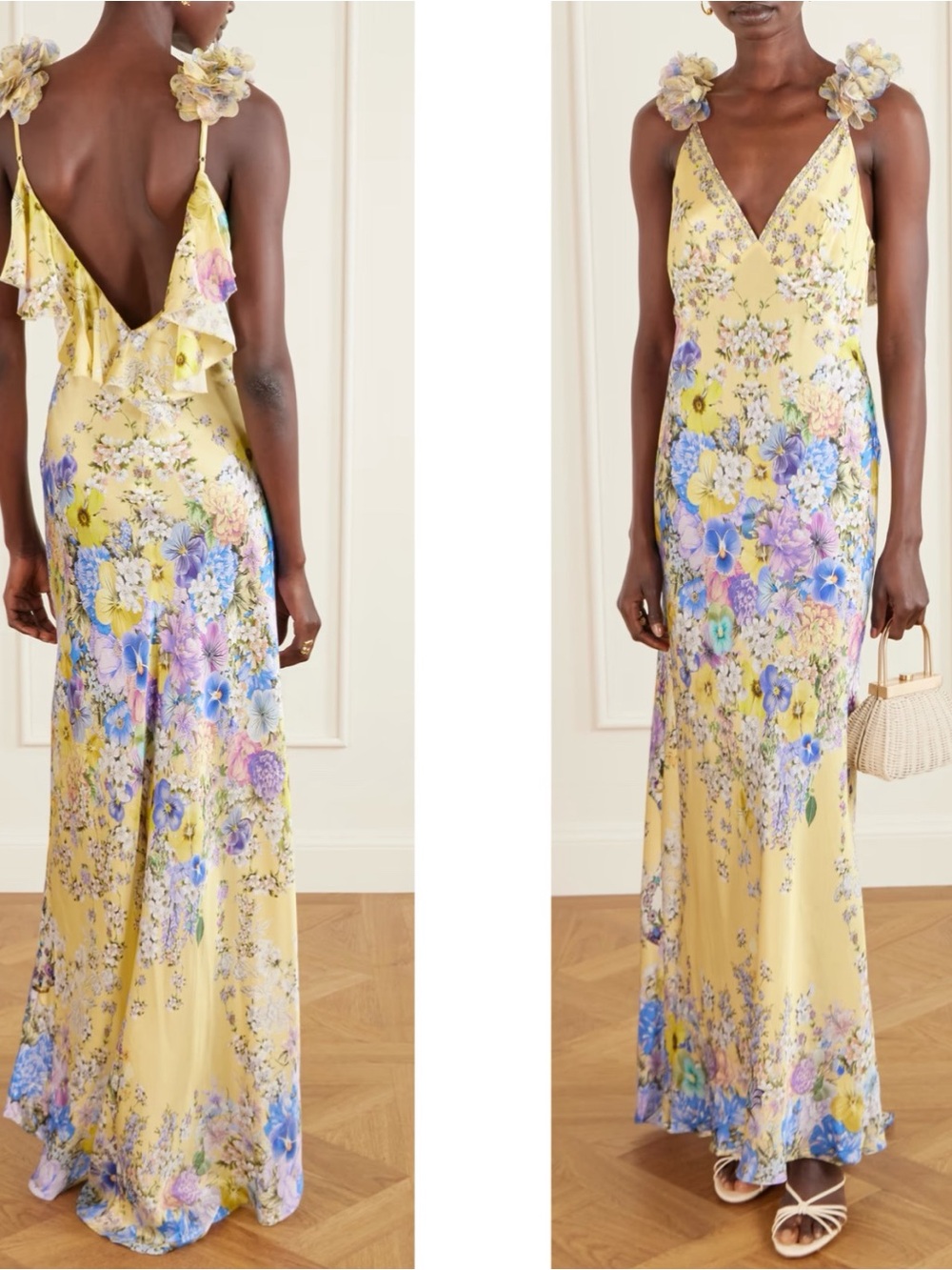 CAMILLA Bias Floral Frill Rosette Yellow Slip Dress Size XS